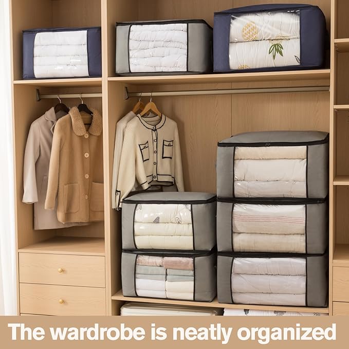 Large Storage Bags,Clothes Storage Bins Foldable Closet Organizers Storage Containers with Durable Handles Thick Fabric for Blanket Comforter Clothing Bedding grey, 90L(4Pick)