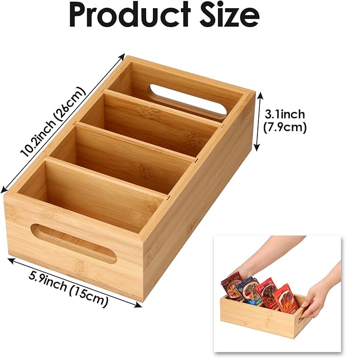 BSTKEY Seasoning Packet Organizer, Food Storage Organizer with 4 Removable Dividers, Bamboo Storage Caddy for Pantry Kitchen Cabinet, Kitchen Organization Bin with Handle for Snacks Spice Packets