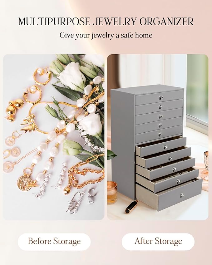 GUKA Large Jewelry Box, Jewelry Case with 10 Drawers for Big and Small Jewelry, Jewelry Storage Organizer for Watch Earrings Necklace Rings Bracelets, Birthday Wedding Gifts, Grey