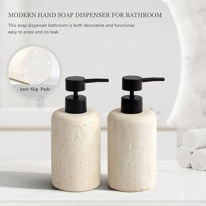 2pcs/Set Hand Soap Dispenser Sets - 10.8oz Refillable Resin Liquid Soap Dispensers with Rust-Proof Pump for Bathroom Countertop or Kitchen, Faux Travertine