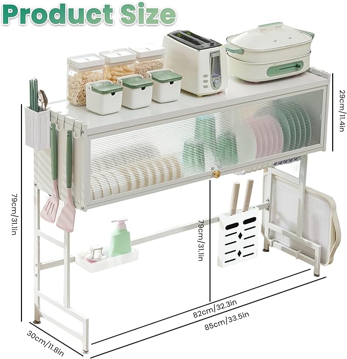 ASIEIT Dish Drying Rack, 3-Tier Over Sink Dish Drying Rack, 33.5" Sink Dish Rack for Small Kitchen, Space-Saving Sink Dish Rack with Cover, Baskets, Utensil, Large Kitchen Storage Organizer White