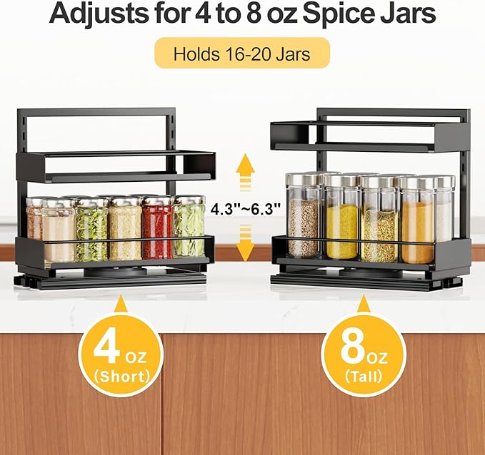 iSPECLE Spice Rack Organizer for Cabinet - 1 Pack Rotate Pull Out Spice Racks for Easy Access, Adjust Height to Fit 4 oz to 8 oz Spice Jars, Peel and Stick, 10.2" D for Inside Cabinet