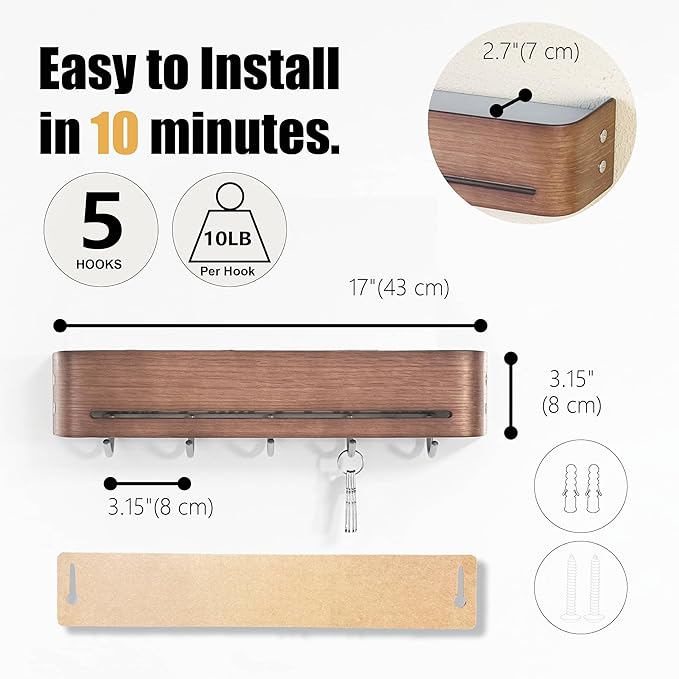 Modern Key Holder Wall Mount with 5 Retractable Hidden Hooks,Heavy Duty Coat Rack Wall Mount,Finland-Designed Entryway Organizer,17 inch,for Entryway, Living Room, Kitchen, Hallway,Oak,Walnut Finish