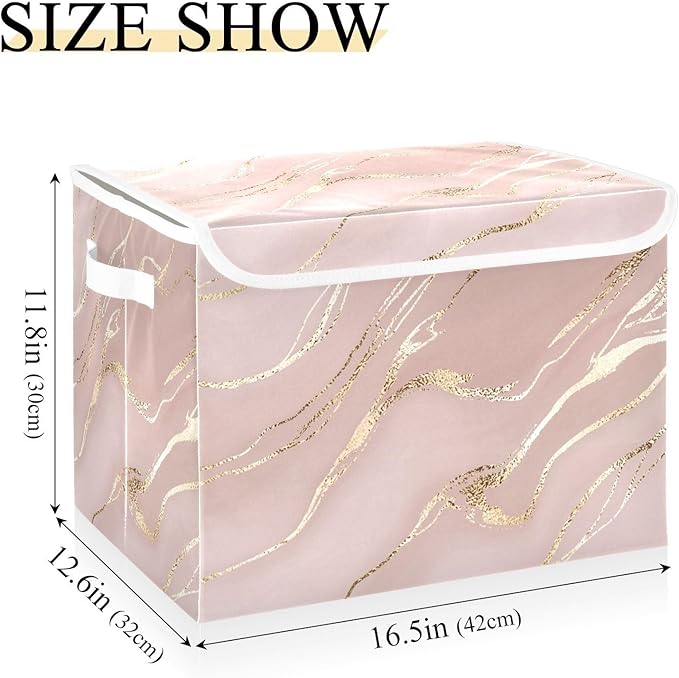 senya Storage Baskets Collapsible Storage Bins with Lids, Rose Gold Pink Marble Boxes Clothes Baskets for Organizing