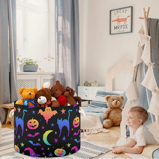 visesunny Halloween Pumpkin Cat Bat Ghost Witch Hat Collapsible Large Capacity Basket Storage Bin with Durable Cotton Handles, Home Organizer Solution for Office, Bedroom, Closet, Toys, Laundry