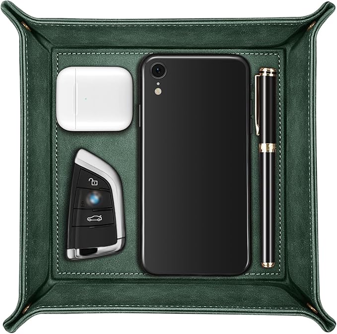 SITHON Valet Tray Desktop Storage Organizer â Premium PU Leather Catchall Bedside Vanity Tray Nightstand Caddy Holder for Keys, Phone, Wallet, Coin, Valentine's Day Gift, Dark Green