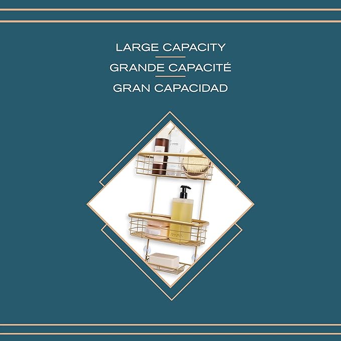Gold Shower Caddy Hanging Organizer | Rustproof Bathroom Shelf with Hooks & Basket Storage | Over Showerhead Caddy for Shampoo, Soap, Towels | Sleek Bathroom Organizer | Gold