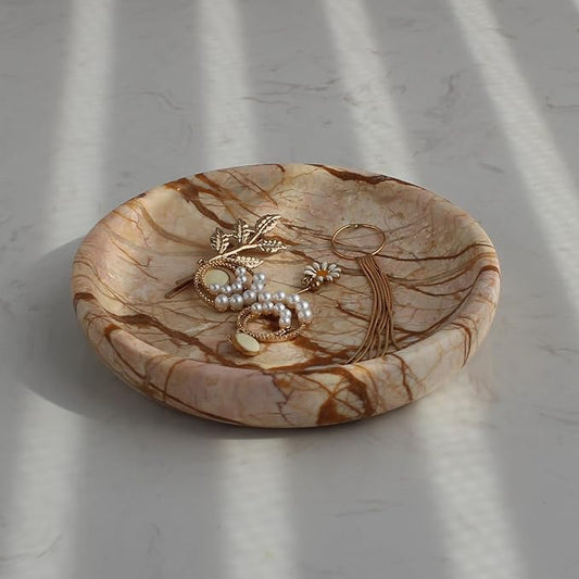 Natural Travertine Marble Jewelry Dish 5.5", Trinket Dish for Ring Earring, Gift for Woman Daugther(Pink Marble)