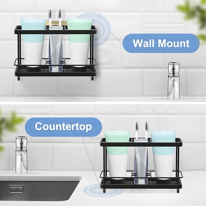 Toothbrush Holders for Bathrooms, 7 Slots Stainless Steel Toothbrush Toothpaste Holder, Bathroom Accessories Organizer Accessories with Tray for Countertop & Sink Black