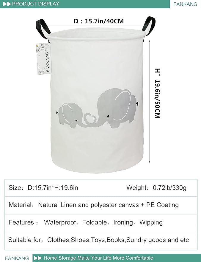FANKANG Storage Basket, Nursery Hamper Canvas Laundry Basket Foldable with Waterproof PE Coating Large Storage Baskets for Kids Boys and Girls, Office, Bedroom, Clothes,Toysï¼Love Elephantï¼
