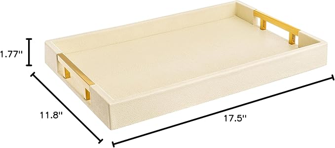 Modern Elegant 17.5âx12â Rectangle Cream Rectangle Shagreen Faux Leather Decorative Tray Ottoman Tray Coffee Table Perfume Living Room Kitchen Serving Tray with Gold Polished Metal Handles.