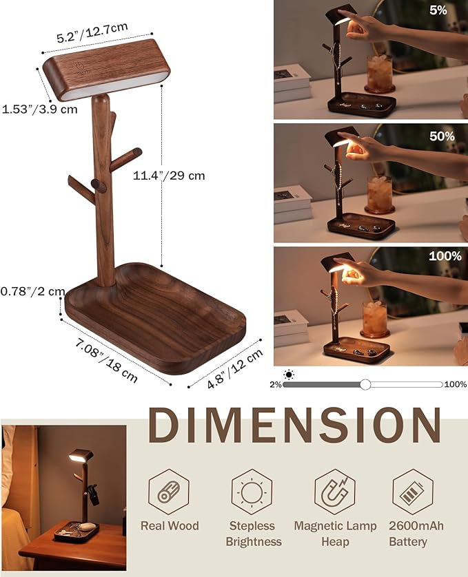Wooden Table Lamp, Tree Trunk Rechargeable LED Bedside Lamp with Jewelry Tray, 360Â° Rotating Cordless Lamp for Nightstand or Entryway (Black Walnut)