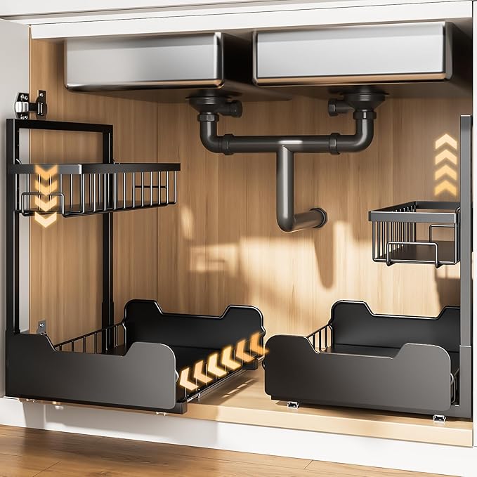 Under Sink Organizer, 2-Tier L-Shaped Pull Out Cabinet Shelf with 2 Installation Methods, Adjustable Sliding Storage Drawer for Kitchen, Bathroom, Laundry, Metal, Black, 2-Pack