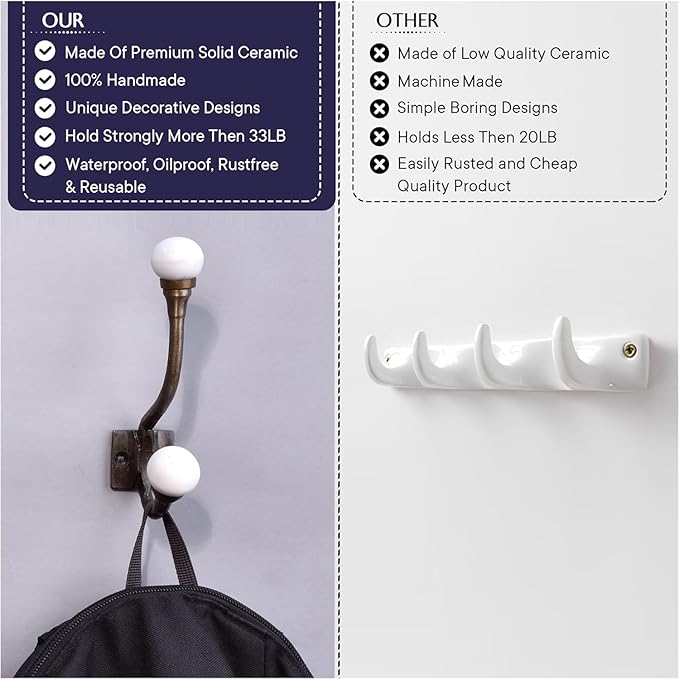 Indian Shelf Pack of 6 Heavy Duty Double Prong White Decorative Coat Hooks Unique Coat Rack Wall Mount Ceramic Wall Hooks for Hanging Towel Holder Backpack Purse Hanger- Style 8