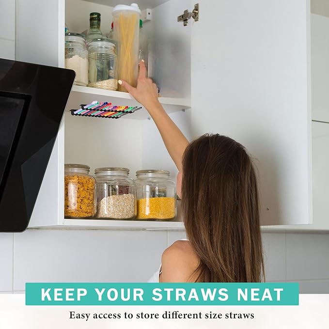 Baderke Straw Holder for Cabinet Reusable Straw Organizer with Double Sided Adhesive Tape Screws Storage Container for Kitchen Counter Cupboard(Black,Classic)