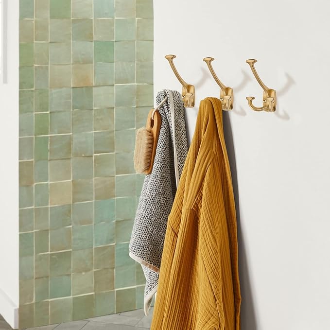 Large Wall Double-Sided Hook 2 Pack Brushed Gold Hook Decorative Heavy Duty Solid Large Coat Hooks for Towel Hanging Coats Robe Towel Bags Door Back 2 Prong Hooks