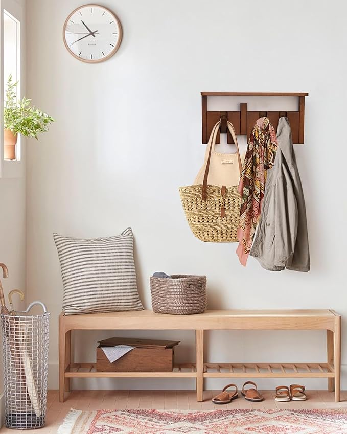 Wooden Coat Rack Wall Mount with Shelf, Heavy Duty Entryway Organizer with 8 Hooks,Coat Hooks Hanger for Coats, Hats, Bags & Towels, Walnut Wall Hanger for Hallway, Bedroom, Kitchen (4 Hooks)