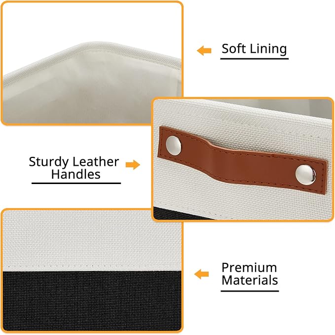 DULLEMELO Large Fabric Basket for Organizing, 17"x12"x15" Storage Basket With Leather Handles, Collapsible Storage Bin for Clothes, Toys, Books, Office, Bedroom, Closet, Nursery&Laundry (White&Black)