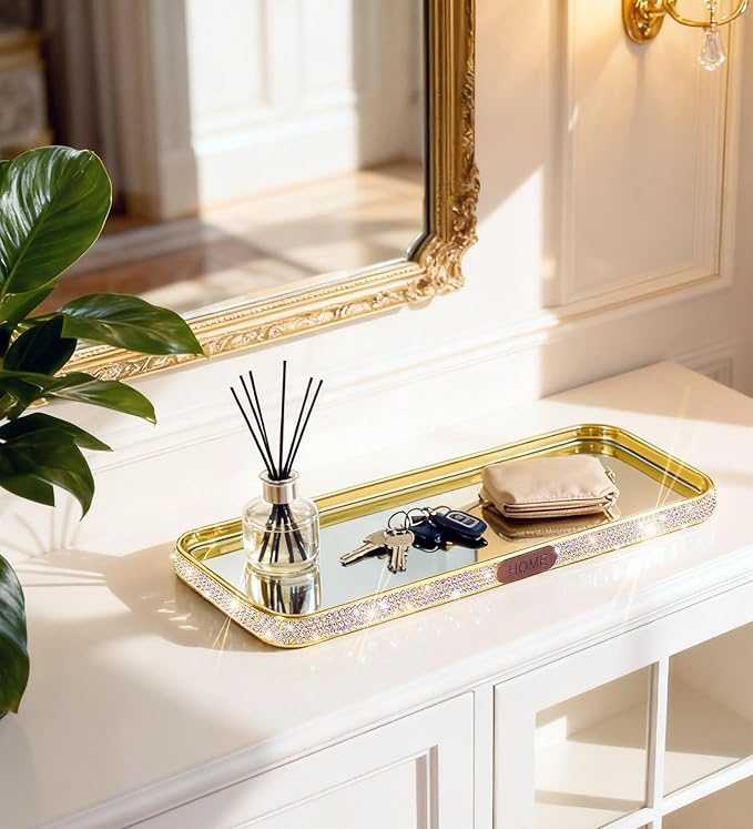 Yivaiks Bathroom Gold Tray Jewelry Perfume Makeup Organizer Decorative Tray for Vanity, Dresser, Bathroom, Bedroom Entrance Hall, Living Room(11.8IN Colorful)
