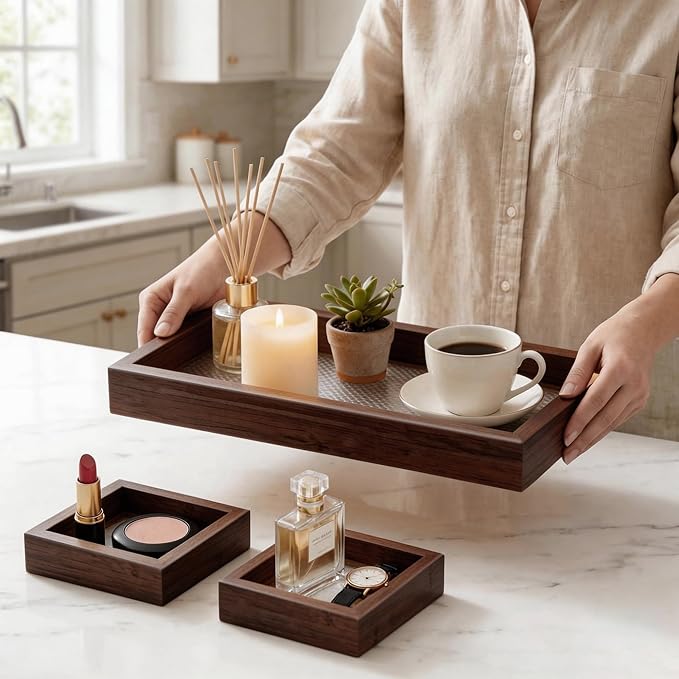 Rectangle Small Wooden Tray Set of 3, Desk Drawer Organizer - Stackable, Walnut