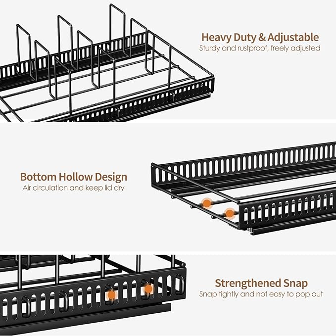 Housolution Pull Out Food Container Lid Organizer with Sliding Rail, Slide Out Plastic Lid Holder Compatible with Tupperware, Metal Storage Rack with 10 Adjustable Dividers for Cabinet, 2 Pack