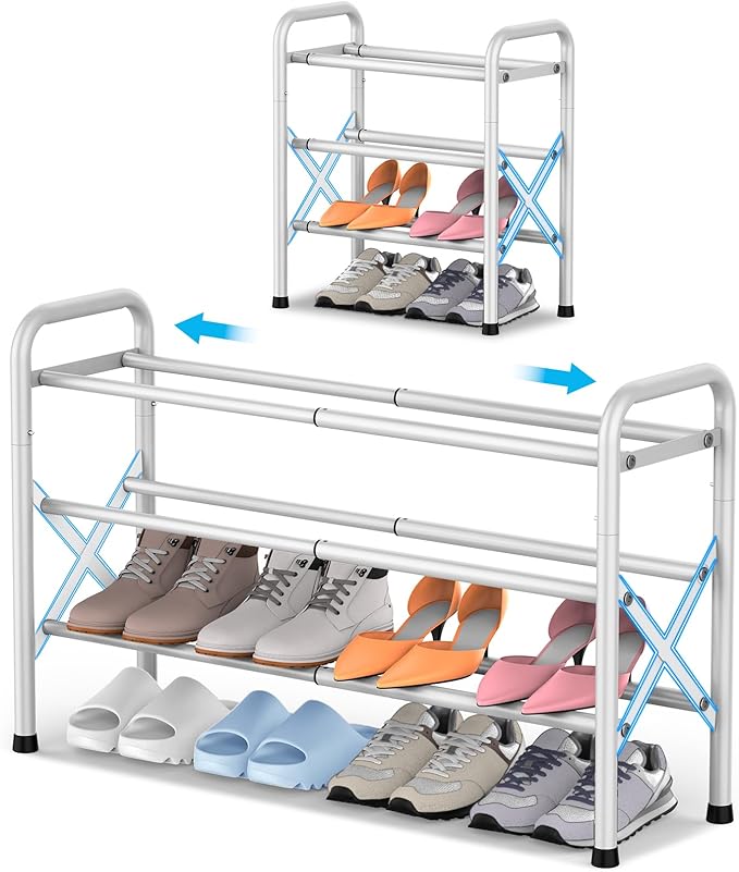 3-Tier Expandable Shoe Rack for Closet Floor, X-Frame Metal Small Shoe Rack for Entryway, Adjustable Shoe Shelf Organizer, Free Standing Shoe Racks for Front Door Entrance, Garage - White
