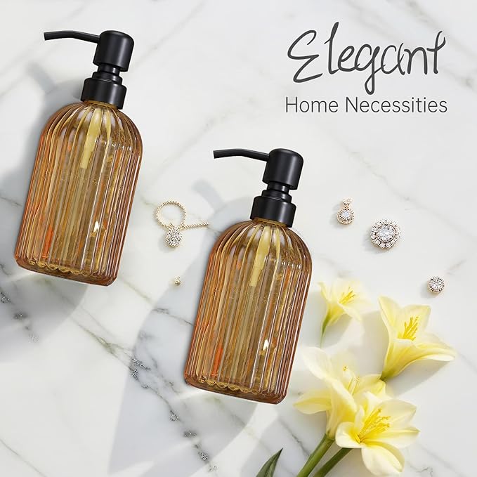 16 OZ Amber Glass Soap Dispenser, Amber Stripe Bathroom Hand Soap Dispensers with Stainless Steel Matte Black Pump,Brown Glass Kitchen Hand Soap Dispenser with Matte Black Pump