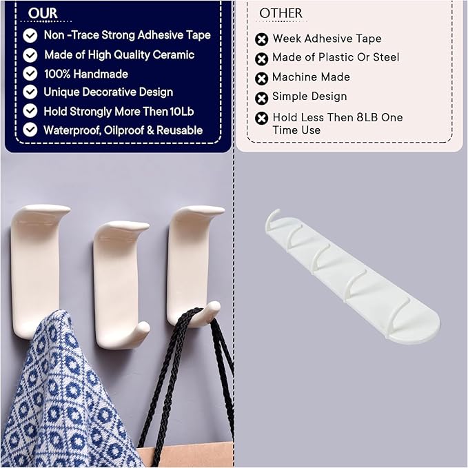 Indian Shelf Boho Ceramic Adhesive Wall Hooks - Damage-Free Decorative Blue Pottery Hangers for Keys & Towels, Renter-Friendly Stick-On Home Décor - 3 Hooks with 6 Strips(Style 5)