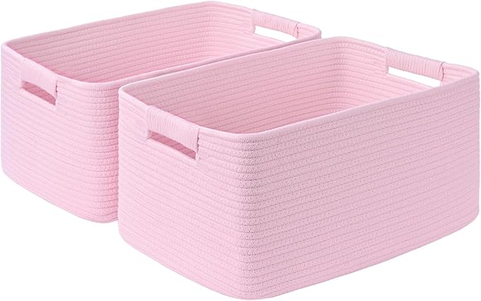 2 Pack Large Storage Basket for Organizing, 17.5"x13.5"x7.5" Woven Basket for Shelves, Closet Cube Storage Bins with Wrapped Handle, Cotton Rope Baskets for Kitchen, Clothes, Toys(Light Pink)