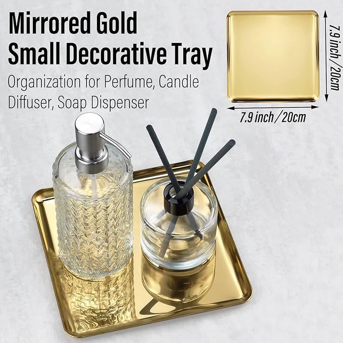 FREELOVE Metal Decorative Tray, Catchall Trays for Candle Tools Napkin Holder, Perfume Jewelry Organizer Makeup Trinket Dish, Dresser Vanity Counter Coffee Table Decor, Mirror Gold, 8''X8''