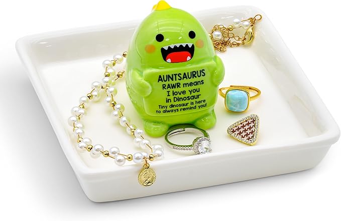 PUDDING CABIN Auntsaurus Dinosaur Ceramic Ring Holder, Jewelry Trinket Tray for Vanity, Gift for Aunt from Niece Nephew, Mothers Day Birthday Christmas Gift for Auntie
