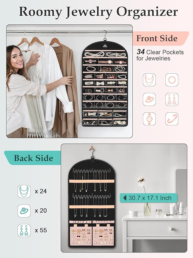 MATEIN Hanging Jewelry Organizer with Removable Zipper Jewelry Pouches, Tangle-Free Necklace Hanger for Closet with Metal Hook, Over the Door Earring Storage Bracelet Ring Holder, Unique Gifts for Her