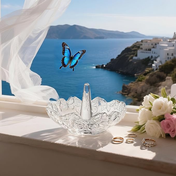 kanpura Crystal Glass Jewelry Tray with Butterfly Pattern Decorative Trinket Dish for Rings Earrings Necklaces Birthday Mother's Day Gift for Women, 4 ", Clear