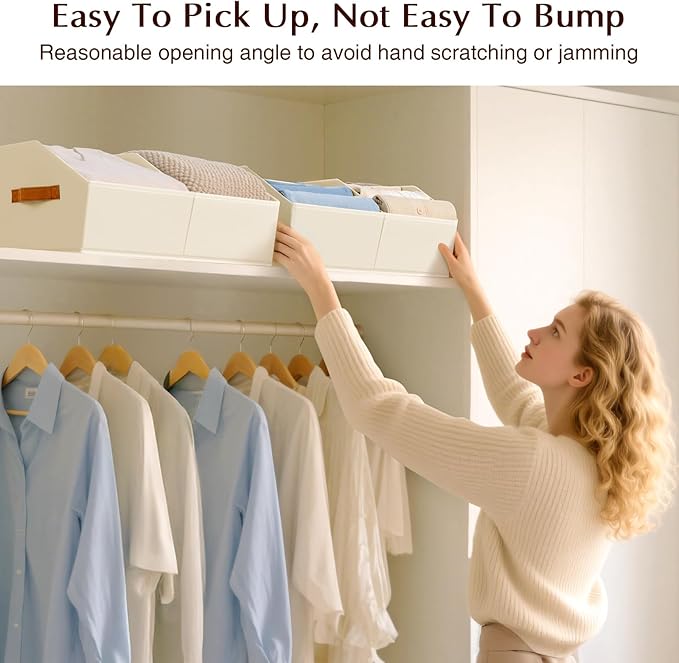Closet Organizers and Storage Bins - 6 Pack Collapsible Divided Trapezoidal Cube Storage Bins Baskets with Orange Handle for Organizing Clothes Blankets, Toys, Books, Towels(Beige)