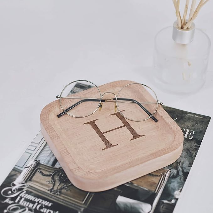 I'm Wooden Personalized Letter Catchall Valet Tray Trinket Dish Jewelry Tray Key Bowl Decorative Plate Organizing Ring Earrings Necklaces Bracelet Watch Coins Wallet Holder (6"x6" Sq Natural H)