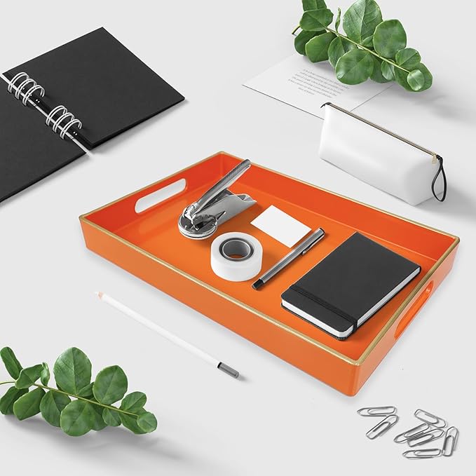 Spsyrine Orange Bathroom Vanity Tray with Handles for Dresser Tops, Countertop, Perfume Decorative Tray, 11.8â * 7.87â *1.37â