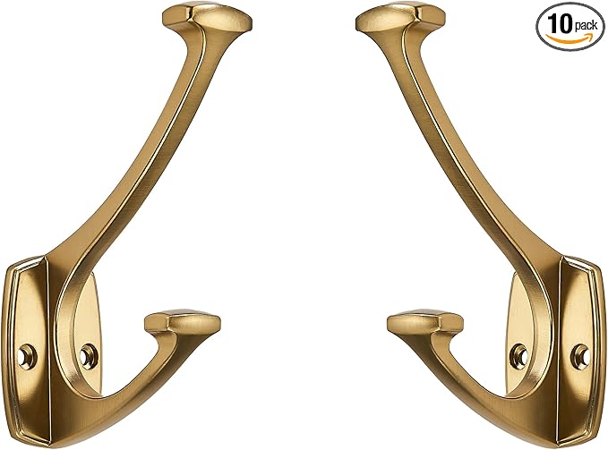 10 Pack Brushed Brass Satin Brass Hooks Decorative Heavy Duty Solid Large Coat Hooks for Towel Hanging Coats Robe Wall Mounted Towel Bags Door Back Bathroom Wall Hook.
