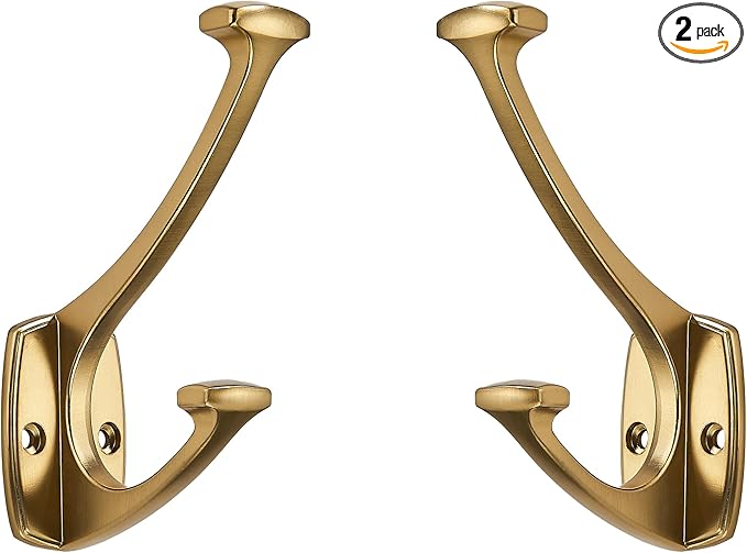 2 Pack Brushed Brass Satin Brass Hooks Decorative Heavy Duty Solid Large Coat Hooks for Towel Hanging Coats Robe Wall Mounted Towel Bags Door Back Bathroom Wall Hook.
