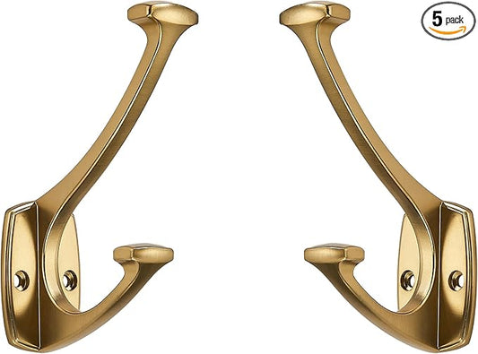 5 Pack Brushed Brass Satin Brass Hooks Decorative Heavy Duty Solid Large Coat Hooks for Towel Hanging Coats Robe Wall Mounted Towel Bags Door Back Bathroom Wall Hook.