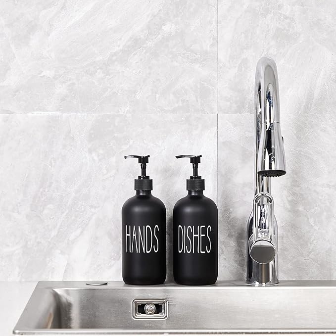 Glass Soap Dispenser Set 2 Pack,Contains Hand and Dish Soap Dispenser.Premium 16 Oz Black Kitchen Soap Dispenser Set for Kitchen Sink and Farmhouse Decor
