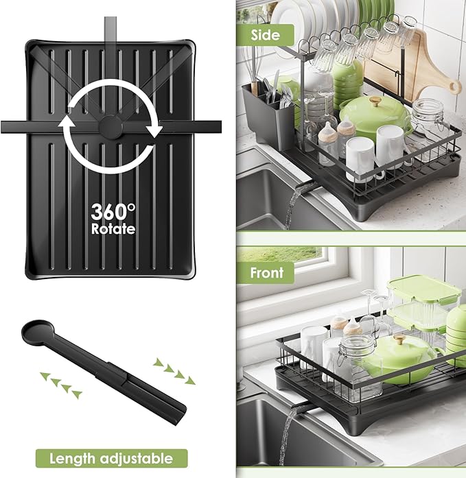Dish Drying Rack, Dish Racks for Kitchen, 1 Tier or 2 Tiers Large Dish Drainer Organizer with Utensil Holder, Kitchen Counter Organizers and Storage Rack with Drainboard, Screw-Free Mounting (Black)