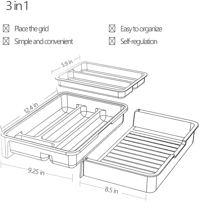 HornTide 3-in-1 Cutlery Tray, Expandable Utensils Holder, Plastic Kitchen Drawer Organizer for Silverware Storage and More - Green