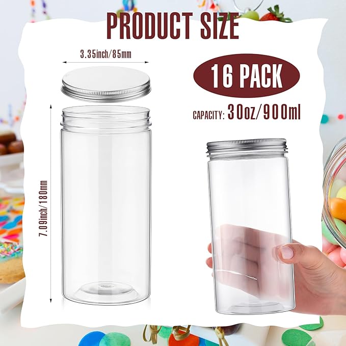 Dandat 16 Pack 30 oz Plastic Jars with Lids Plastic Mason Bottles Container Canister Wide Mouth Cylinders Kitchen Home Organize Storage for Dry Good, Spice, Honey, Candy, Peanut Butter(Silver)