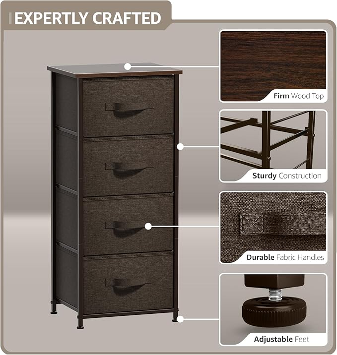 Sorbus Nightstand with 4 Drawers - Bedside Furniture & Night Stand End Table Dresser with Steel Frame, Wood Top, Easy Pull Fabric Bins for Home, Bedroom Accessories, Office & Dorm