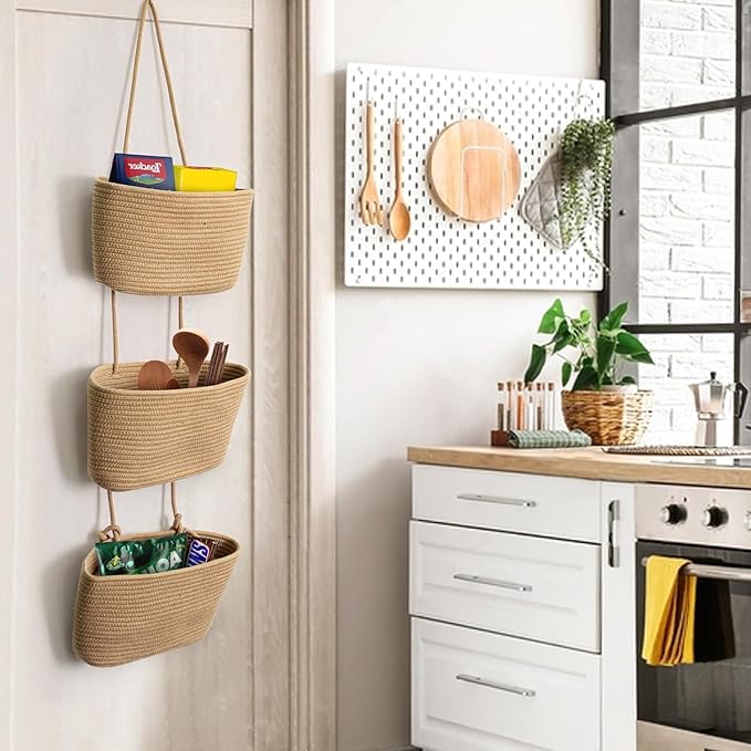 Over the Door Organizer, 3 Tier Hanging Wall Basket Storage for a Stylish and Clutter-free Space, Ideal for Boho Room Decor and Nursery Decor