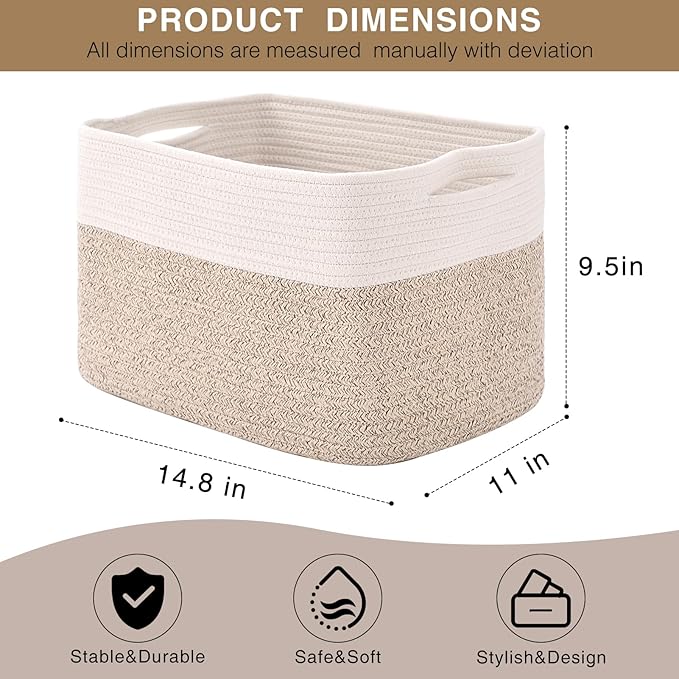Storage Baskets for Organizing, Woven Storage Baskets for Shelves, Toy Storage Baskets for Kid's Room, Towel Baskets for Bathroom Nursery, 14.8"×11"×9.5", Pack of 3, Off White & Brown