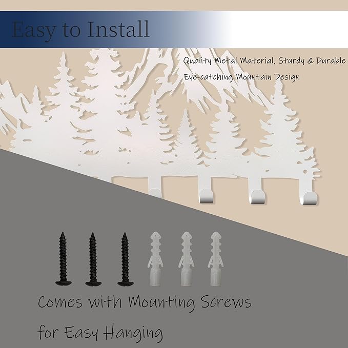 Large White Mountain Wall Mount with 14 Hooks, Decorative Forest Art Wall Hangerfor Cabin Entryway Front Door Bathroom Kitchen Office Home, Wall Mount Holder for Key Jacket Hat Bag Towel