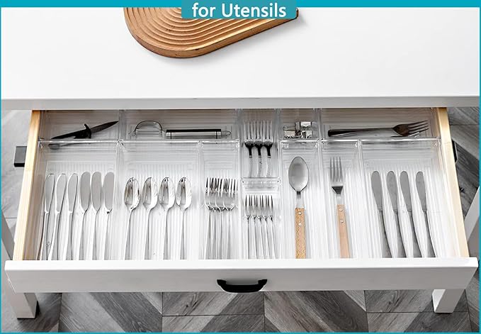 44 PCS Clear Drawer Organizers Set, 4 Size Versatile Bathroom and Vanity Organizer Trays, Cosmetic Display Cases for Makeup, Jewelries, Bedroom，Kitchen Utensils and Office