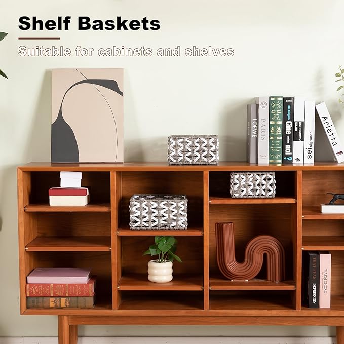 OIAHOMY Storage Baskets Paper Rope Shelf Baskets, Handwoven Small Wicker Bins for Home, Set of 3-Grey & White