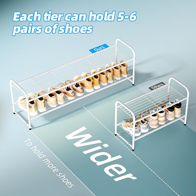 Shoe Rack for Closet, 2 Tier 44 Inch Extra Long Shoe Storage Organizer for Shelves, Heavy Duty Metal, Easy Assembly, White